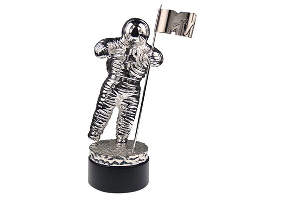 World Famous The Iconic MTV Video Music Awards Moonman Trophy custom award sculpture casting shiny chrome plated updated details to base and flag logo made by Society Awards